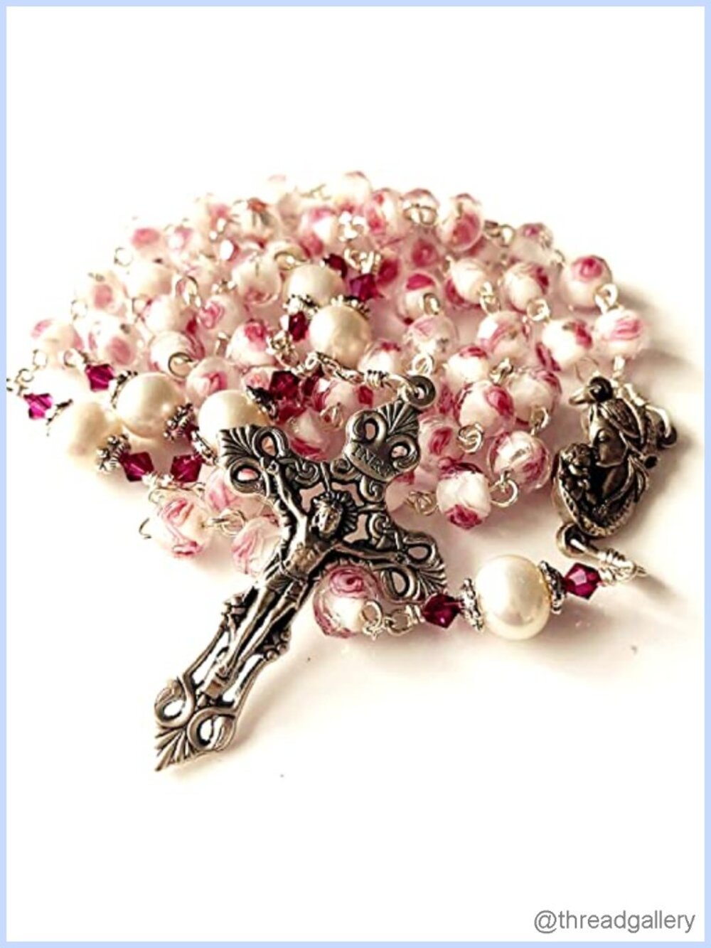 Handmade Veluriyam Rose Beads Pearl Rosary Italy Cross Catholic Necklace Gift